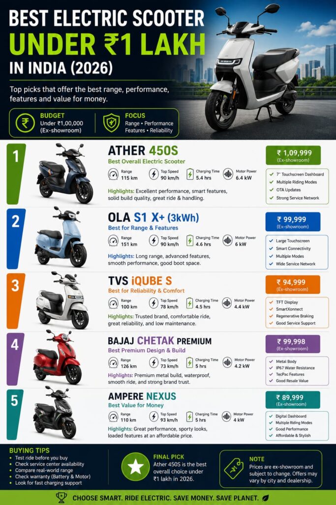 Best Electric Scooters Under ₹1 Lakh in India (2026)